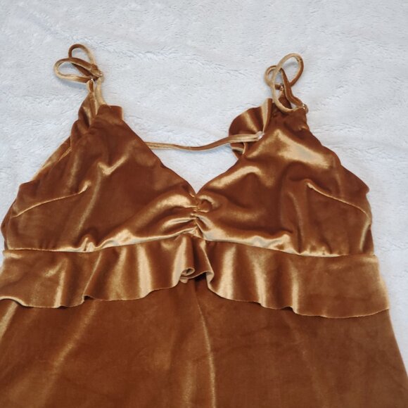 Honey Belle Gold Velvet Ruffle Romantic Coachella Preppy Slip Mini Dress Women M - Picture 3 of 9